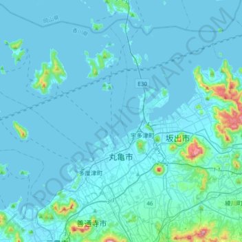 Mapa topográfico 丸亀市, altitud, relieve