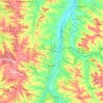 Mapa topográfico Auch, altitud, relieve