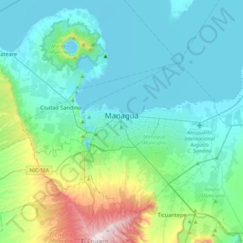 Mapa topográfico Managua, altitud, relieve